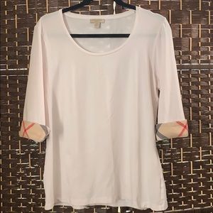 Burberry White Short Sleeve Tee with Check Cuffs. Best for M, L, fitted on XL